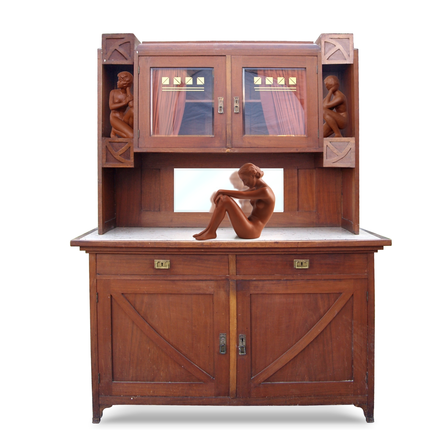Kredenz Jugendstil antiker Schrank mit weißer Steinplatte Jugendstil Vitrine