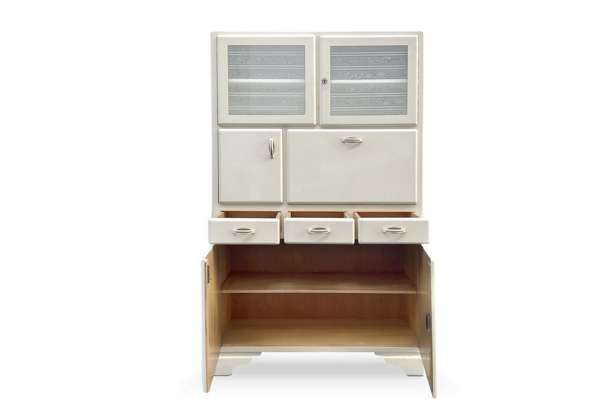 Vintage Küchenschrank antik creme Vorratsschrank Küchenmöbel Omas 1940 Eisblumenglas Vitrine