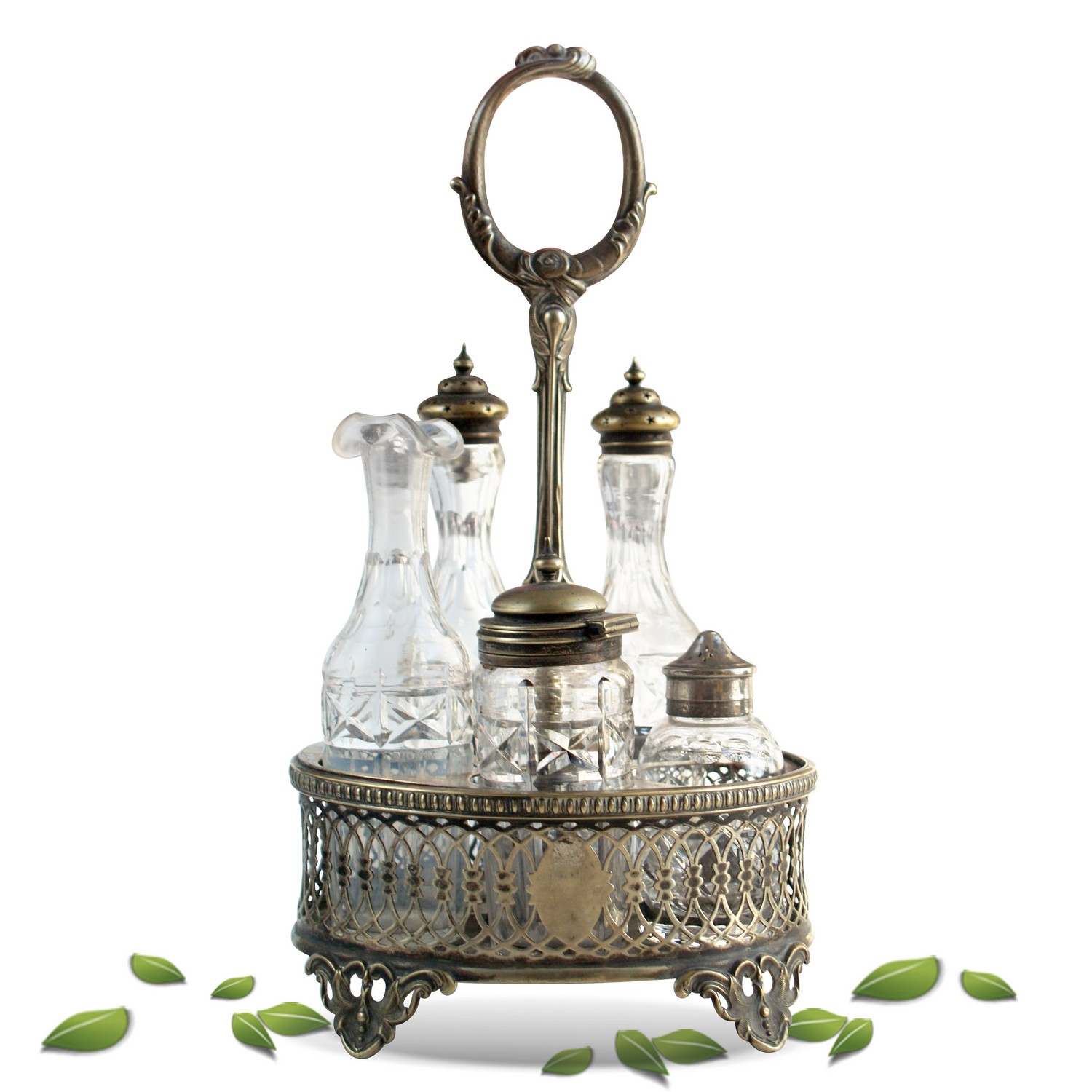 MENAGE Salzstreuer Pfefferstreuer Ölflasche Essigflasche versilbert Versilbert Gewürzbehälter Menage Kristall