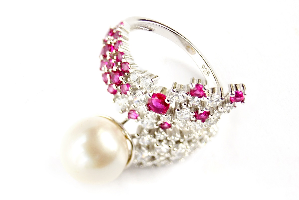 Exquisiter Multicolor Ring, Silber 925 Perlenring Edelsteine Granat 14 Karat Weißgold vergoldet