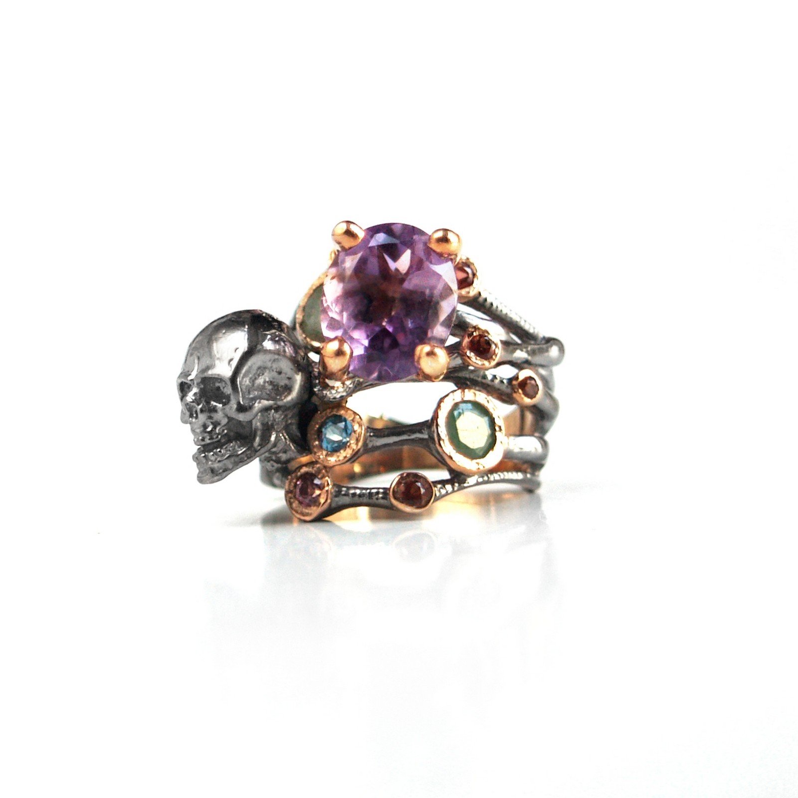 Ring 925 Silber Edelsteine Amethyst Totenkopf Schmuck handgefertigt - Traumteil!