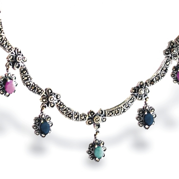 Collier 925 Silber Edelsteine Schmuck Handarbeit Multicolor Rubine, Smaragde und tiefblaue Saphire Collier 925 Silber