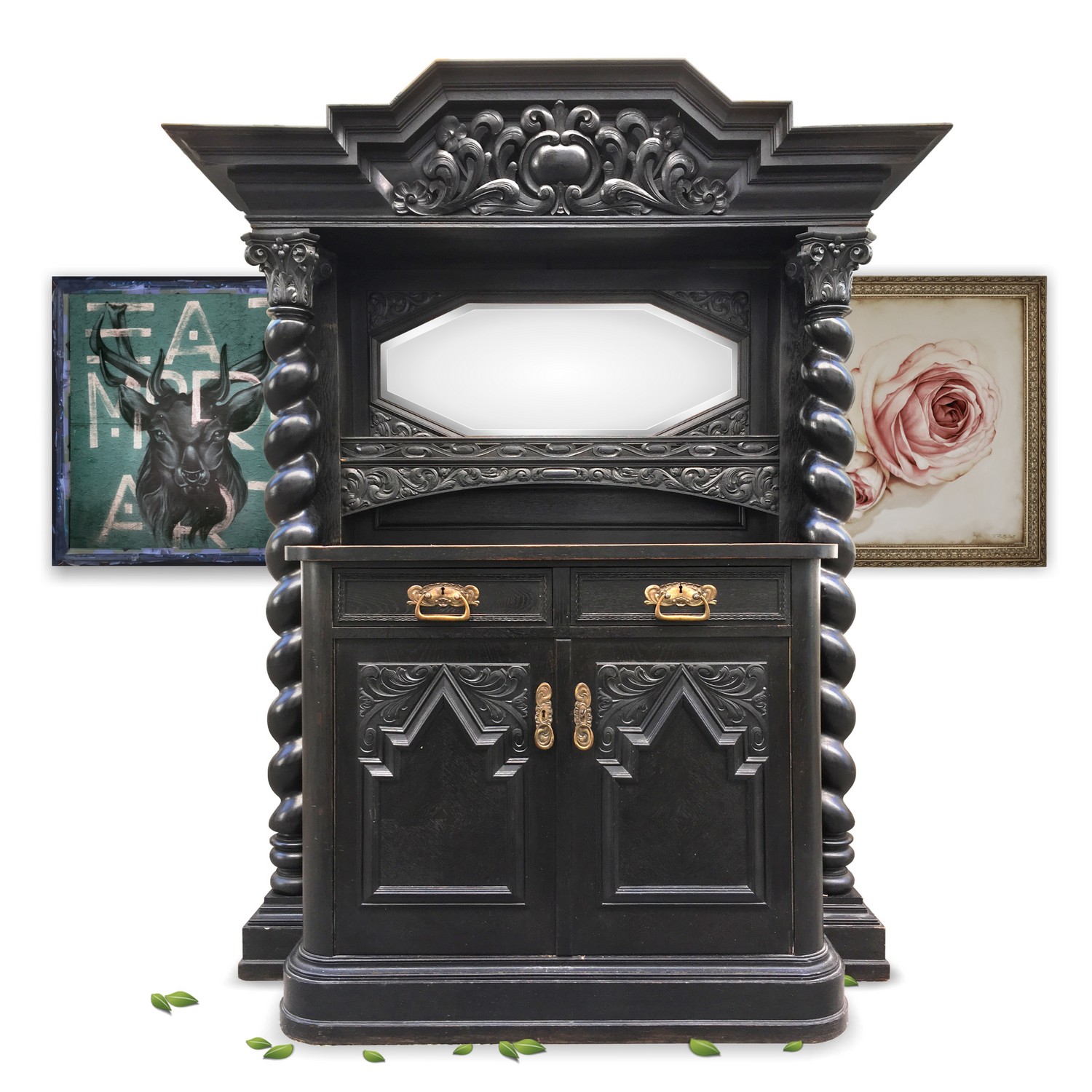 Schrank antik Danziger Barock Buffet Möbel schwarz Schrank antik Säulen Danziger Barock Buffet Möbel facettierter Spiegel