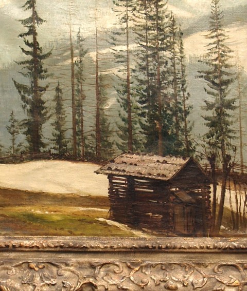 ÖL auf Leinen KARL JULIUS JOEST mit Rahmen 101x83 cm Landschaft Vollholz Bilderrahmen Antik Berghütte Berge