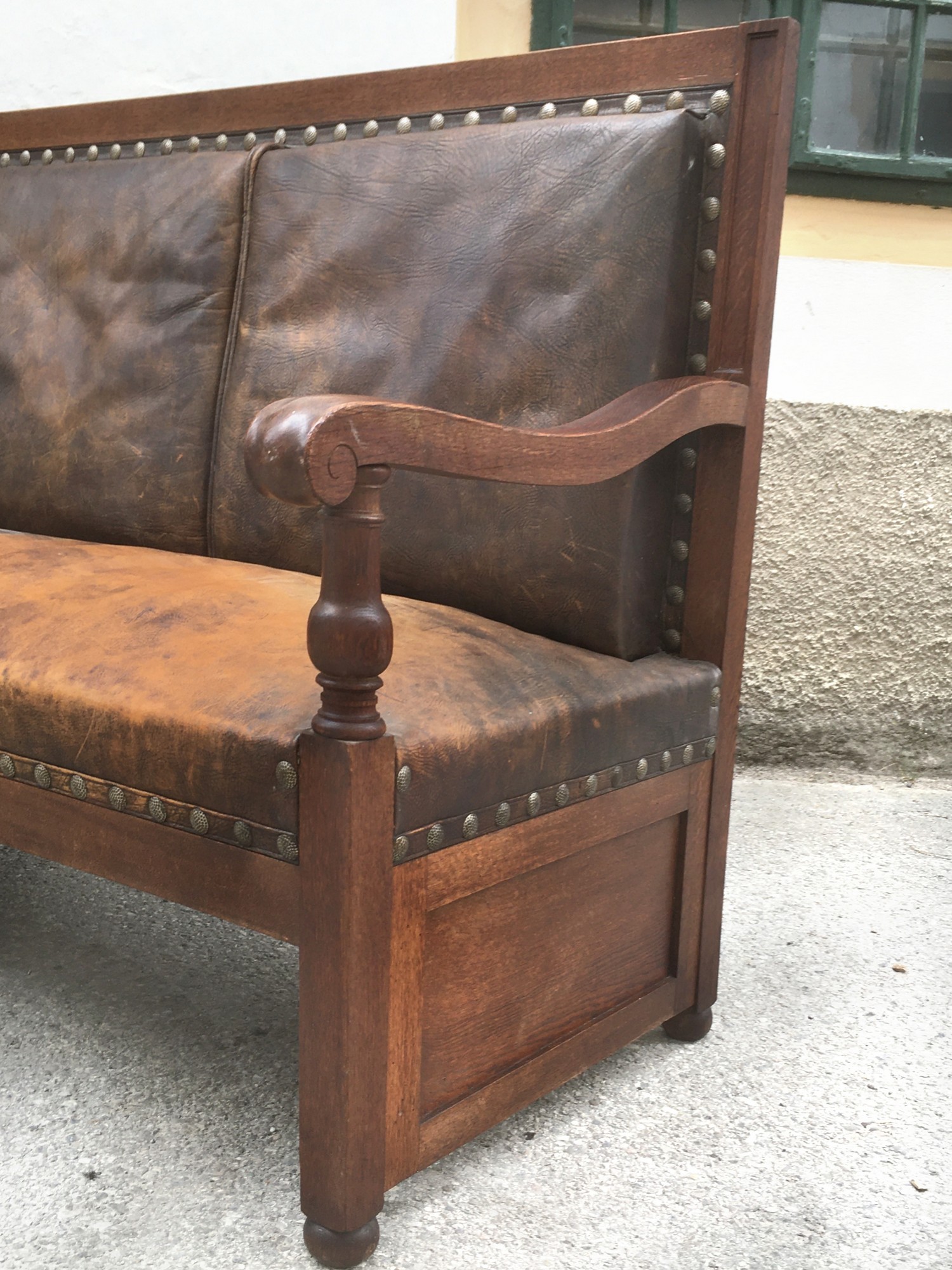 Jugendstil Sitzbank Sofa groß Eiche massiv Leder braun antik