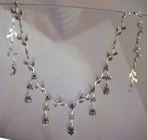 Collier Halskette floral 925 Silber Handarbeit Rubin Saphir Smaragd