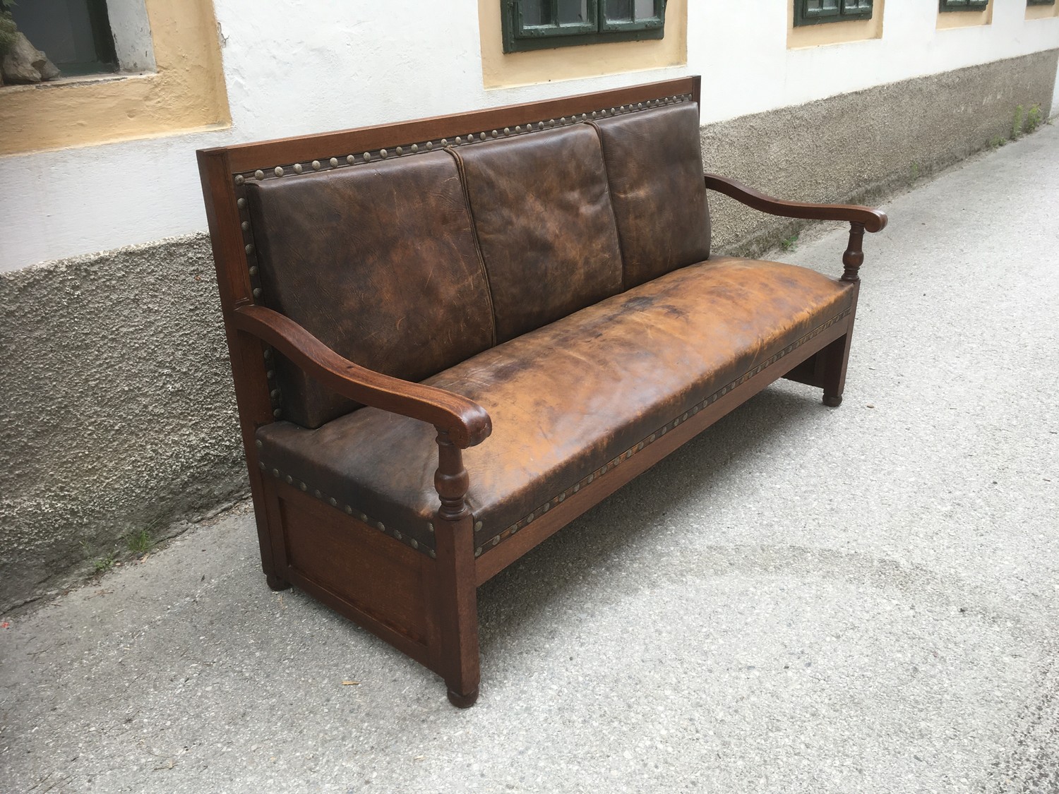 Jugendstil Sitzbank Sofa groß Eiche massiv Leder braun antik