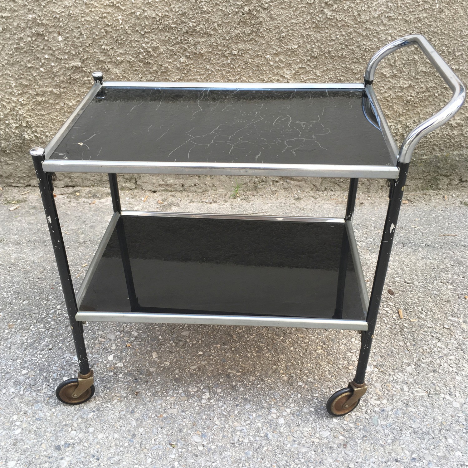 Servierwagen Vintage schwarz Serviertisch Chrom antiker Beistelltisch Bauhaus Industrialdesign