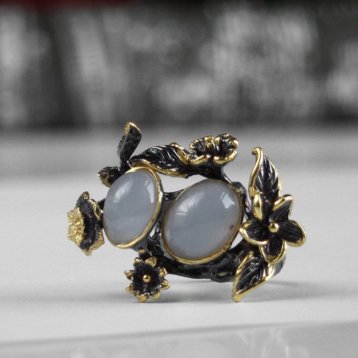 Ring 925 Silber Edelstein Chalzedon floral handgefertigt