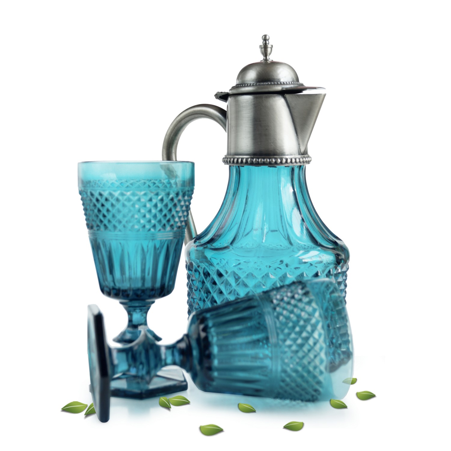 Krug Wasserkrug blau Saftkrug mit Trinkgläser Vintage Set 3-teilig  Krug Wasserkrug Saftkrug geschliffen mit Trinkgläser Vintage Set 3-teilig