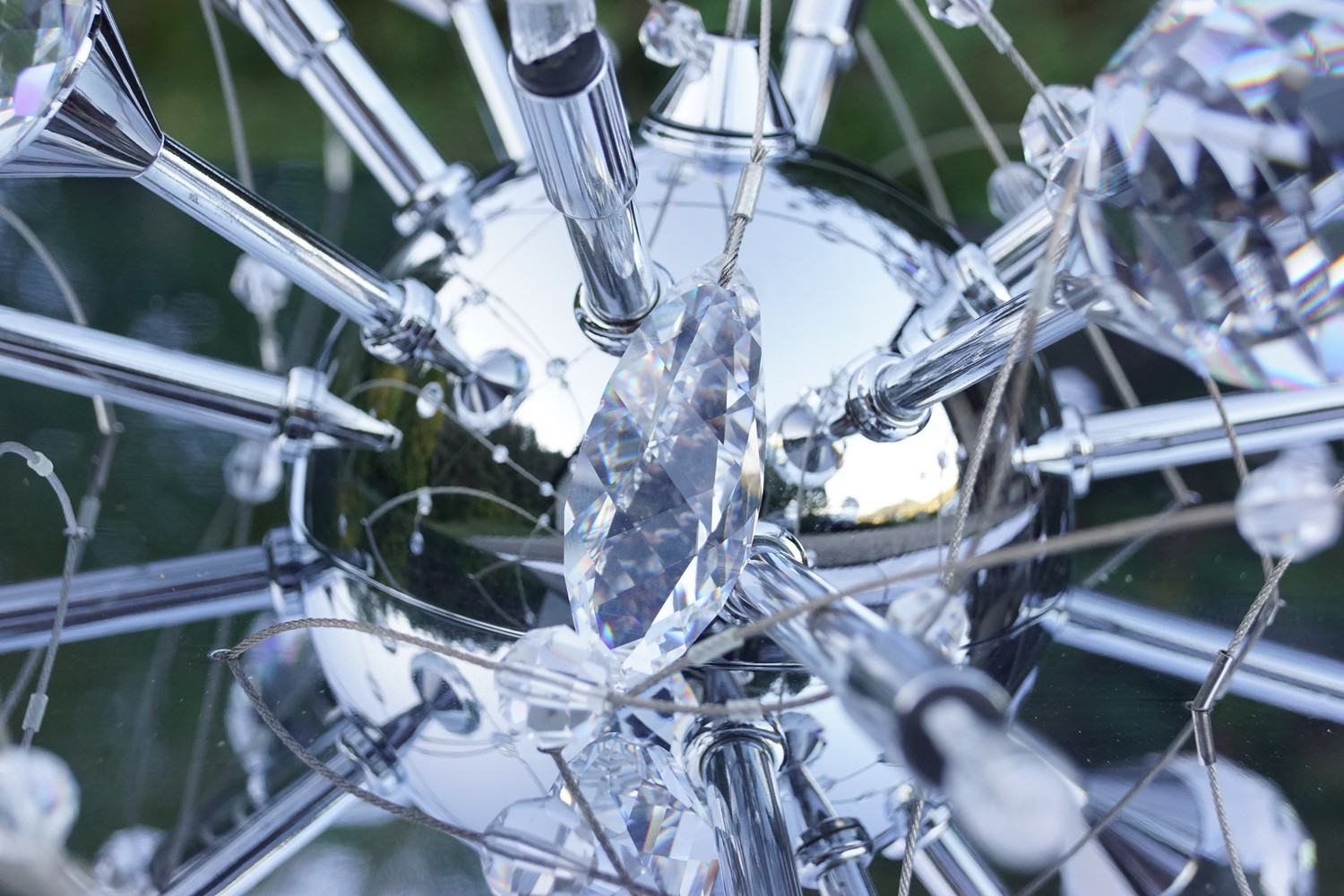 Luster Orion Wien Hängelampe funklender Bleikristall Leuchter Chrom "Uranus" Spaceage Sputnik chrom Lamp Design