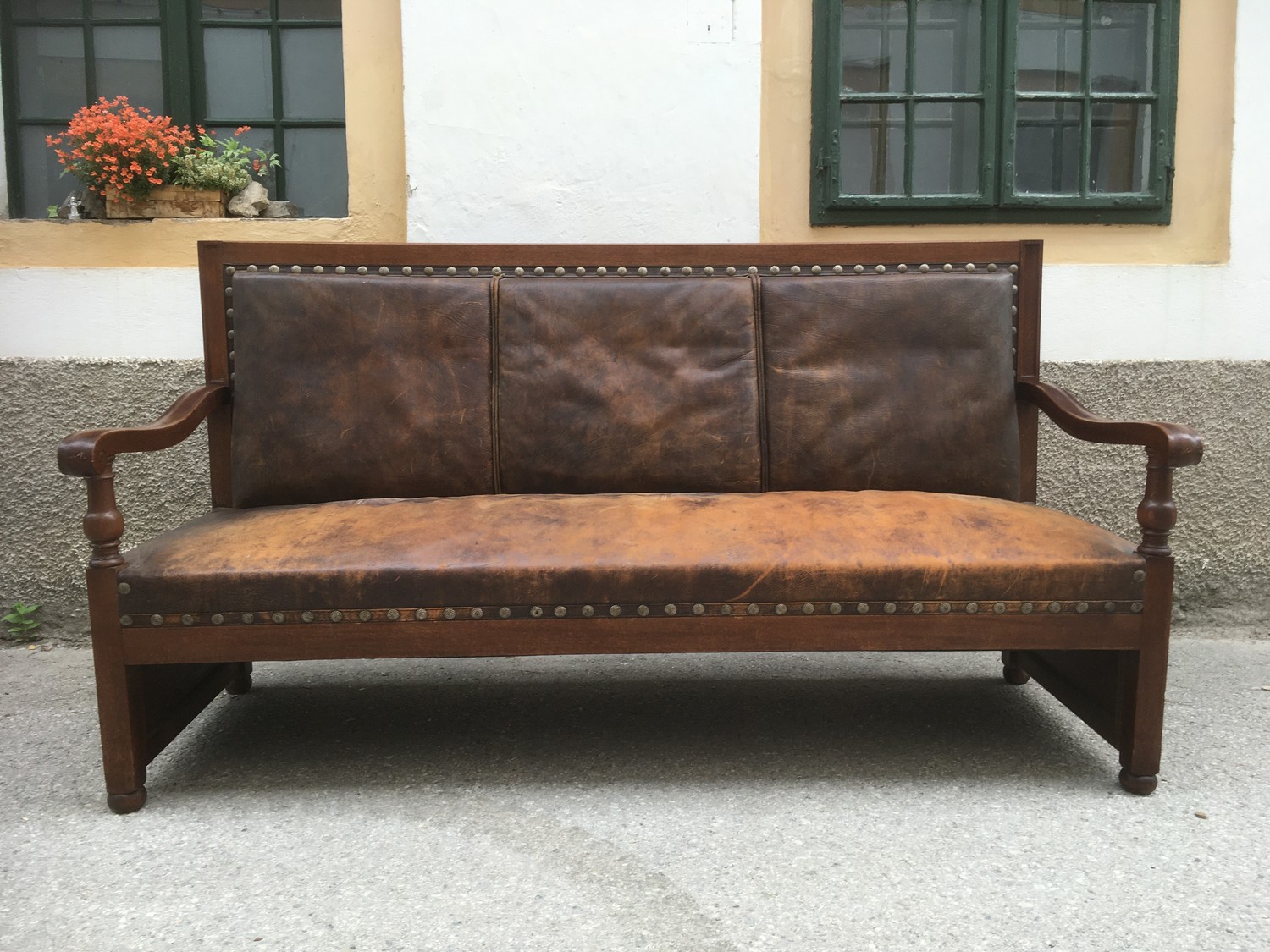 Jugendstil Sitzbank Sofa groß Eiche massiv Leder braun antik