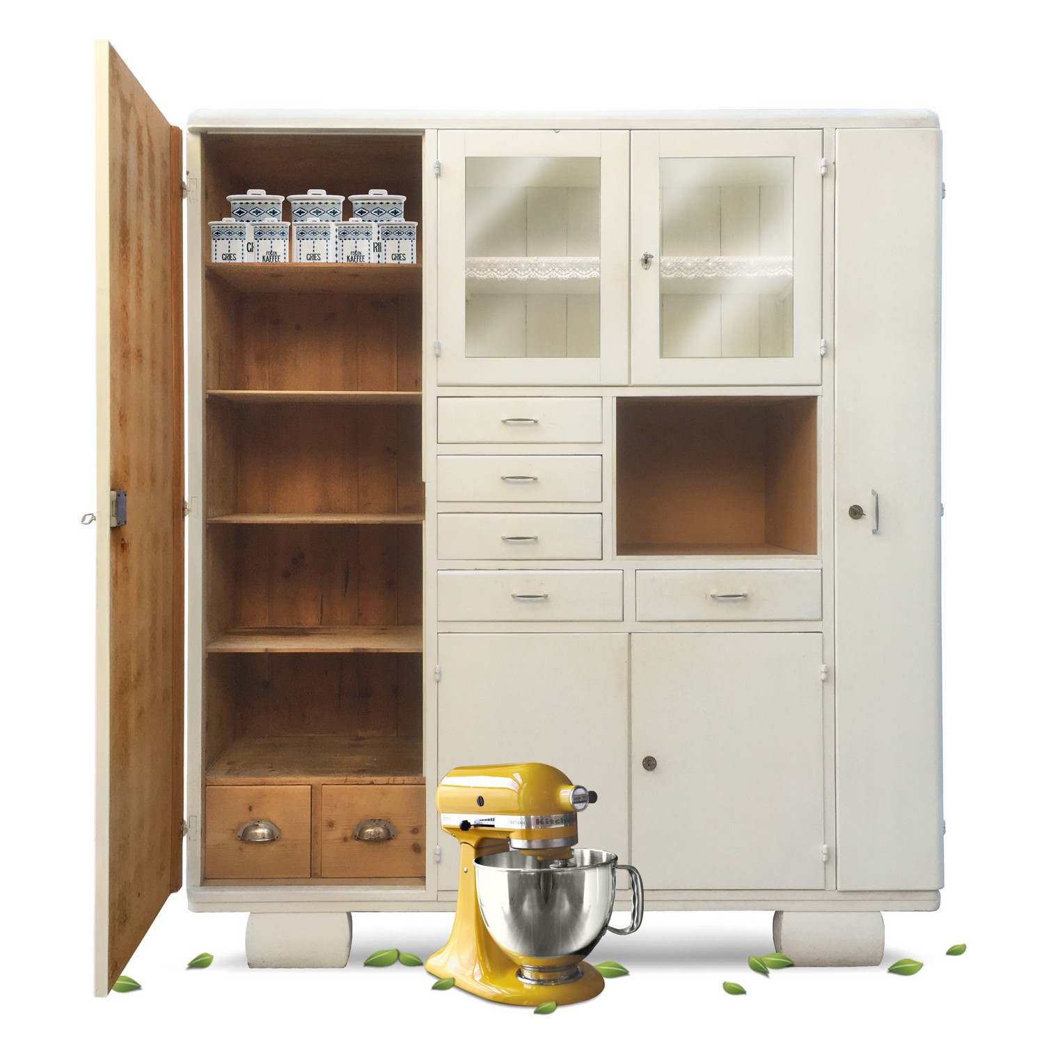 Küchenschrank antike Vollholz Kredenz Weichholz Schrank vintage mit Innenladen Küchenschrank antike Küche 40er 50er-Jahre Weichholz Schrank Vintage