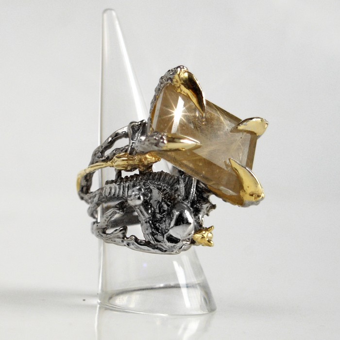 Totenkopf Ring 925 Silber Rutilquarz Edelstein Skelett handgefertigt