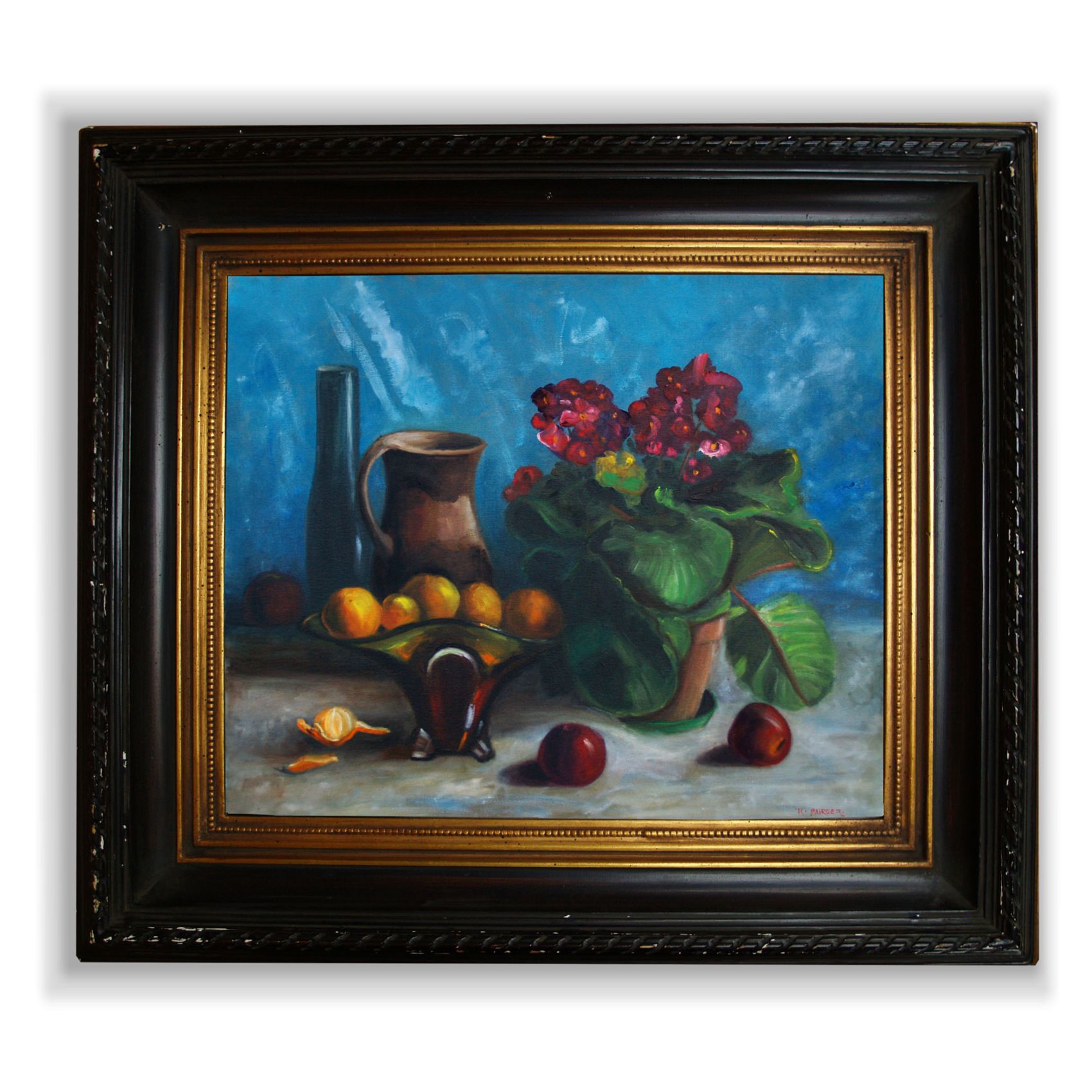 Ölbild großes Stilleben Blumen Malerei 60x50 cm "Krug neben Veilchen" Ölbild Leinwand antik Stilleben Früchte Blumen Krug Antiquität handgemalt