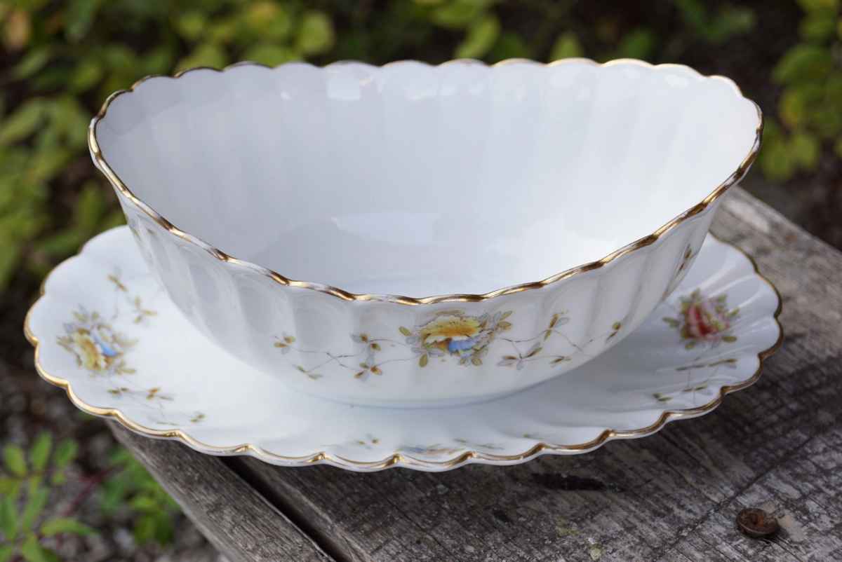 antikes Porzellan Komplettset blümchen gold eckig antikes Geschirr Shabby chic Vintage Jugendstil Teller Terrinne Sauciere