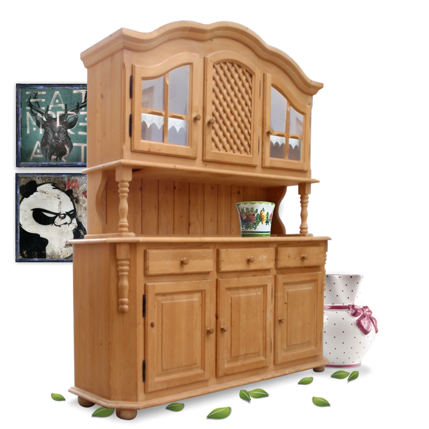 Küchenschrank Naturholz Landhausstil Gittertür Vitrine