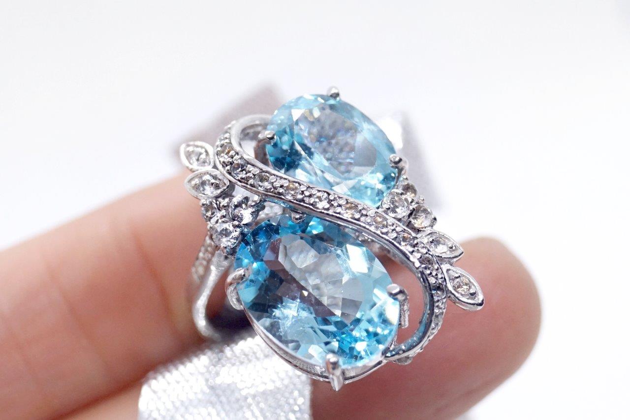 Edelstein Ring 925 Silber Weiß- u Blautopas Edelsteine handgefertigt