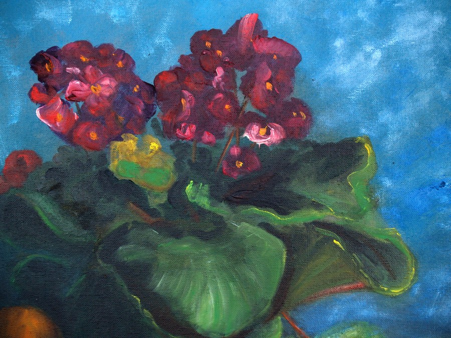 Ölbild großes Stilleben Blumen Veilchen Kirschen blau rot antik