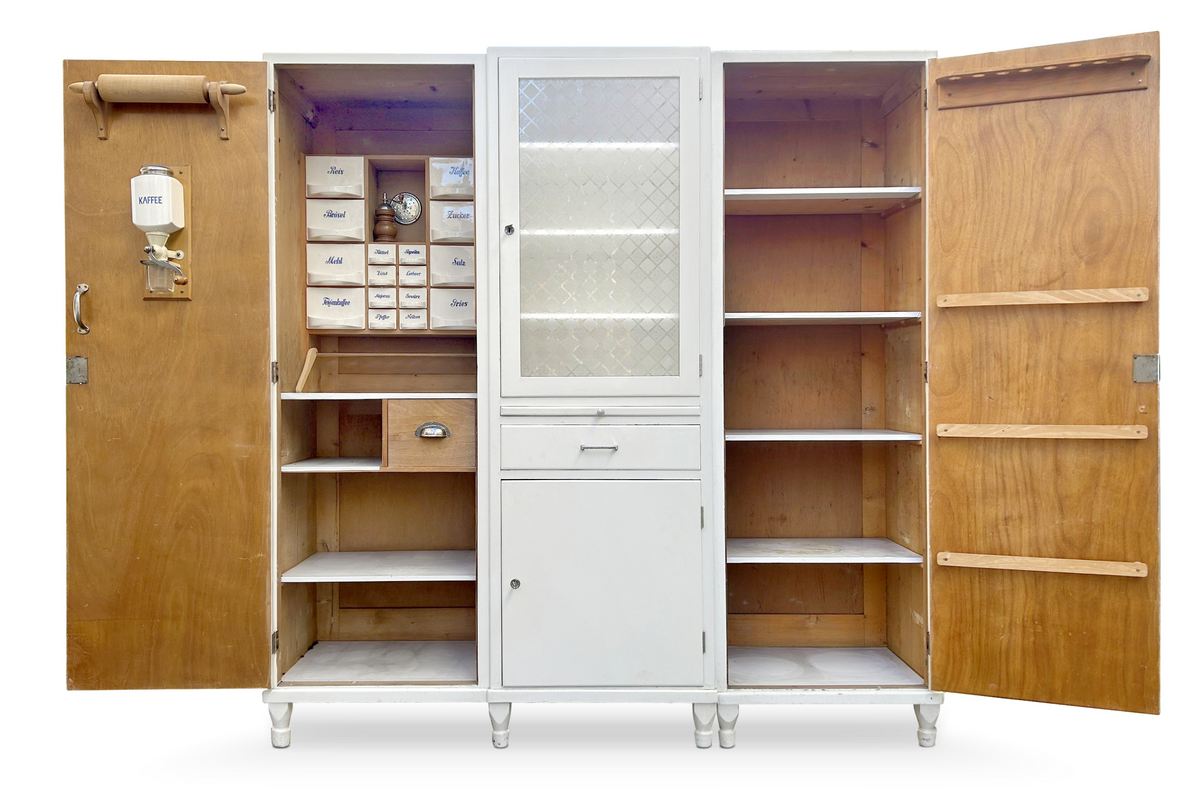 küchenschrank antiker Vorratsschrank Vintage Küchenmöbel Keramikschüttenregal creme MidCentury Deutschland
